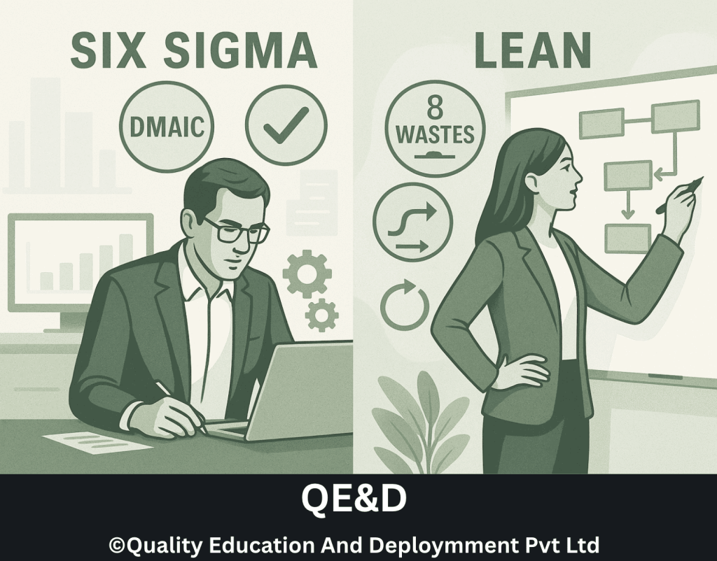 Split-screen comparison of Six Sigma and Lean with professionals in work settings, overlaid with DMAIC and 8 Wastes icons, in green tones.