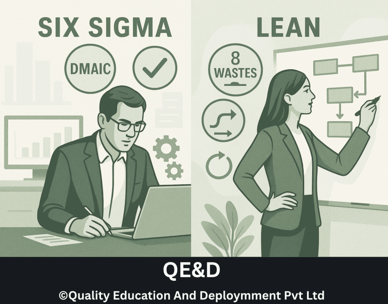 Split-screen comparison of Six Sigma and Lean with professionals in work settings, overlaid with DMAIC and 8 Wastes icons, in green tones.