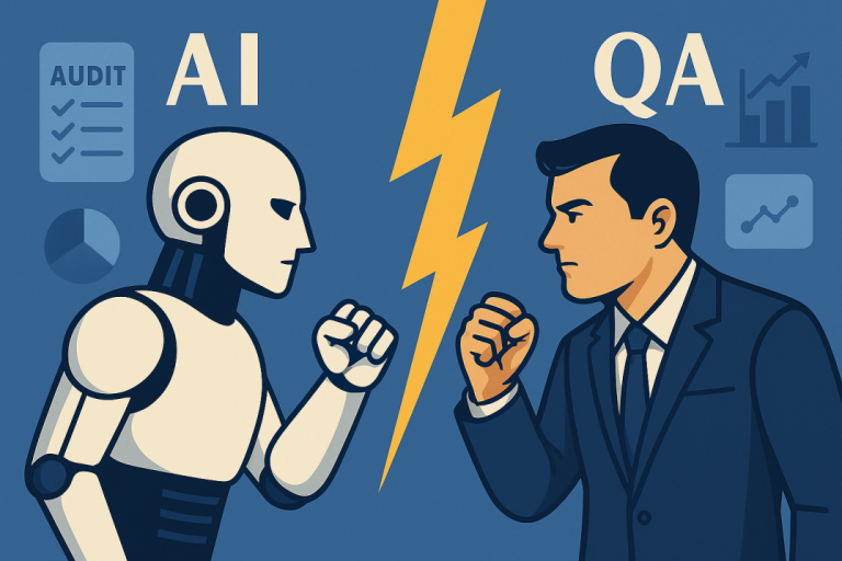 Illustration of a Quality Analyst facing AI, separated by a lightning bolt, with audits, feedback, and data analysis in the background