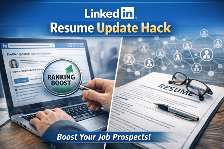 Professional image showing a recruiter viewing a recently updated LinkedIn profile and a polished resume on a desk, with graphics highlighting ranking boost and job visibility.