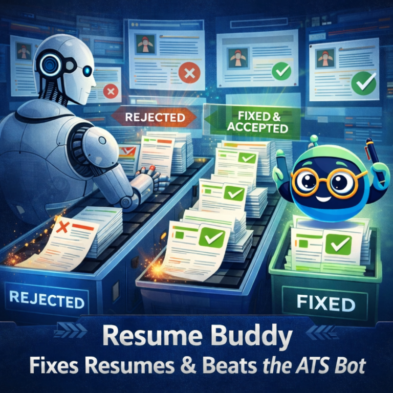 A professional resume being fixed by Resume Buddy AI to pass an ATS bot's rejection and get accepted.